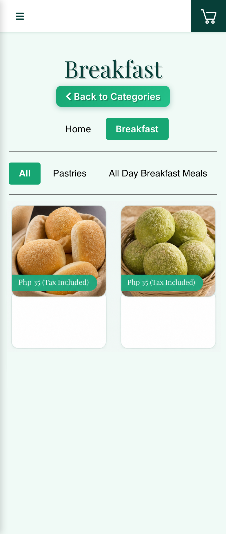 Actual Xpress Order customer menu showing Breakfast items and cart navigation