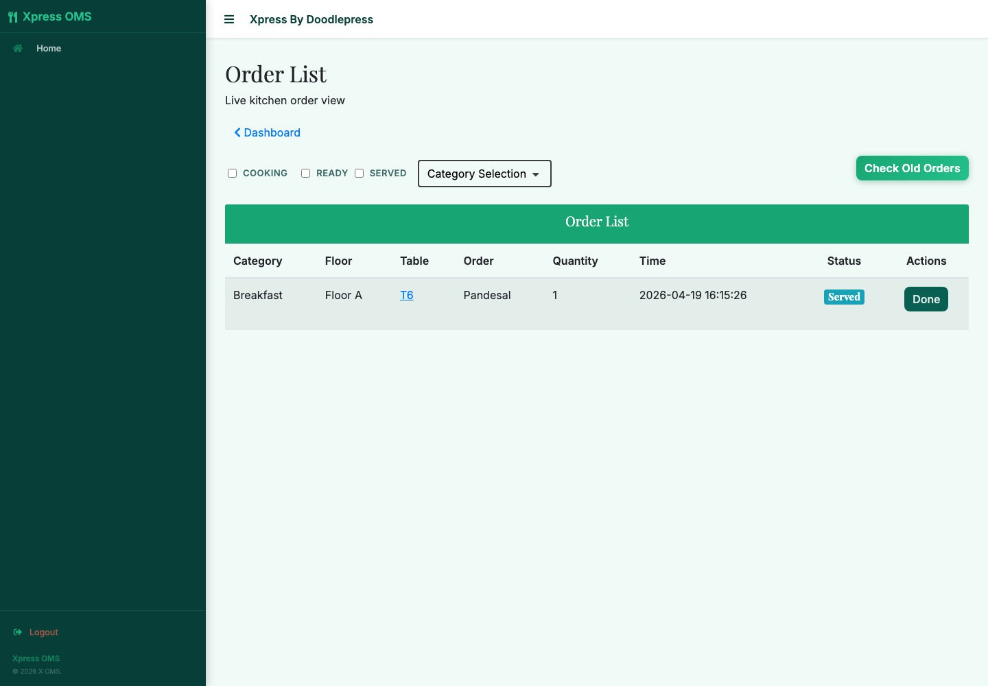 Xpress Order staff order list showing a served Pandesal order for Floor A table T6