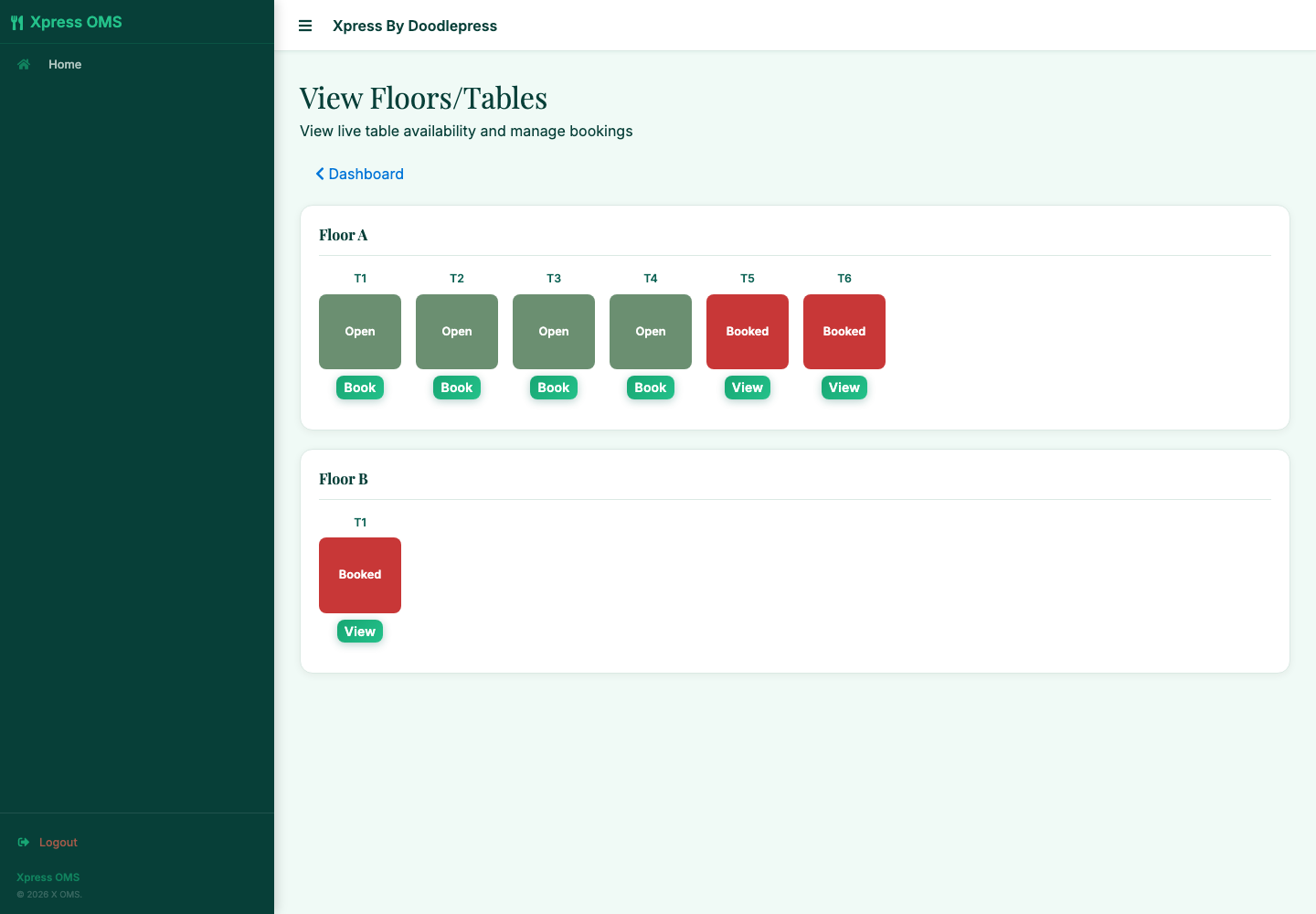 Actual Xpress Order table layout showing open and booked tables